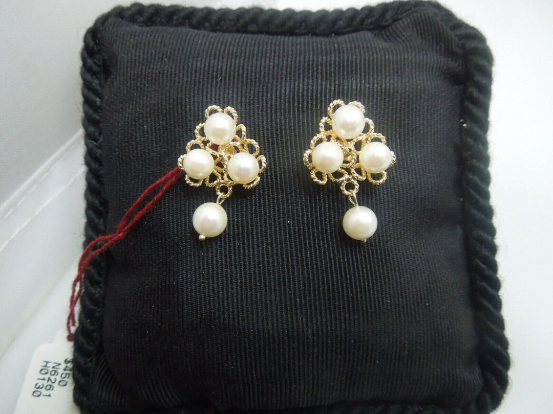r162 14kt Yellow Gold Beautiful pearl Earrings Signed 5.7g