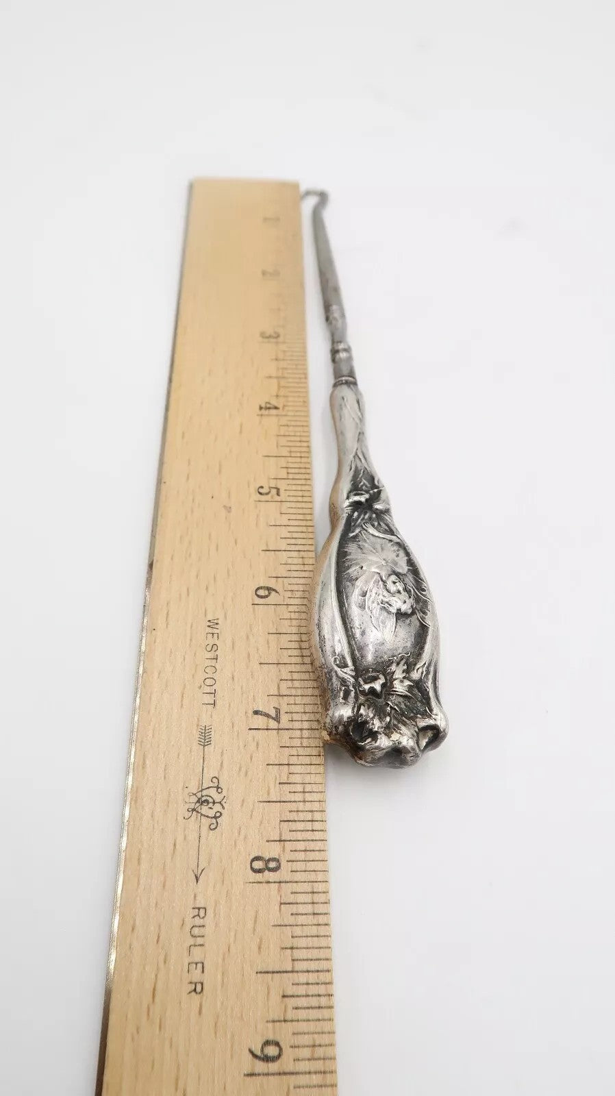 t483 Antique Silver Handled BUTTON HOOK Victorian Nicely Decorated Hallmarked