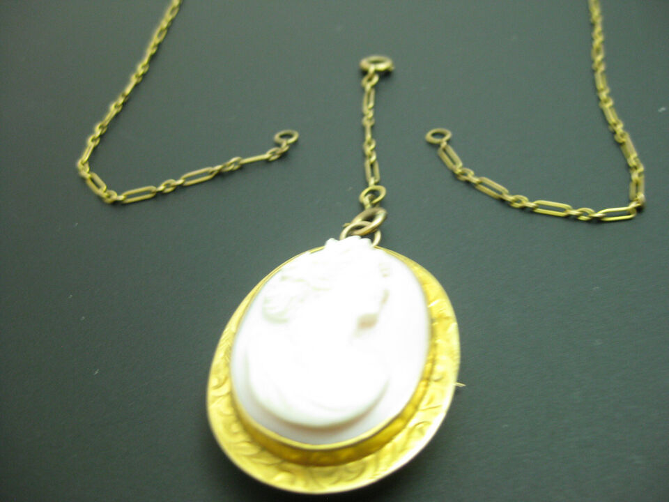 g269 Beautiful Vintage 10kt Yellow Gold Cameo Necklace/Pin on a Delicate Gold Chain