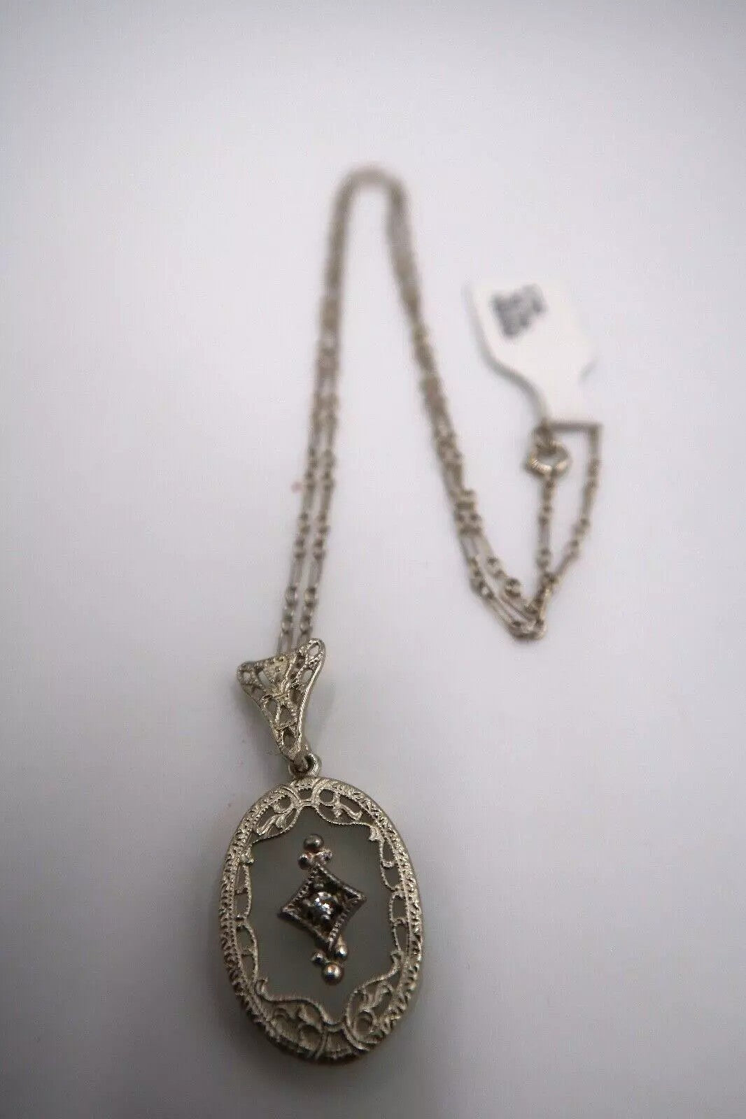 t383 Art Deco 14k White Gold Camphor Glass Diamond .01 TDW Filigree Necklace