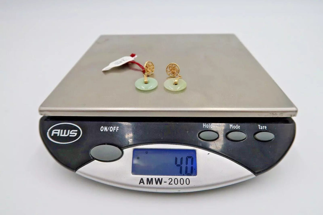 t386 14K Yellow Gold Carved Bi-Disc Green Jade Vintage Dangle Earrings Blessing