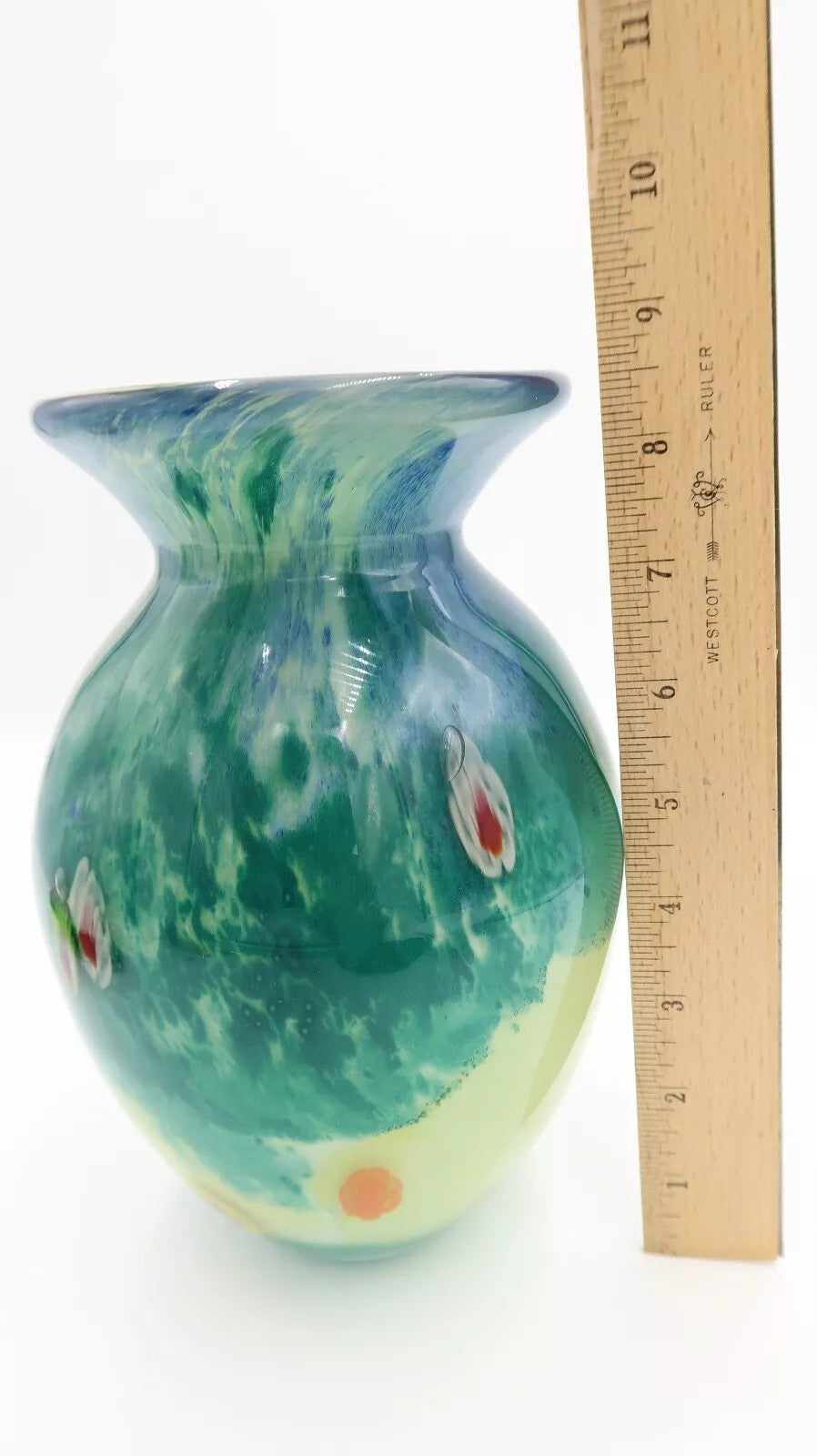 t473 Gorgeous Design China Pretty Colorful Green Blue Vase Heavy 8 1/2" tall