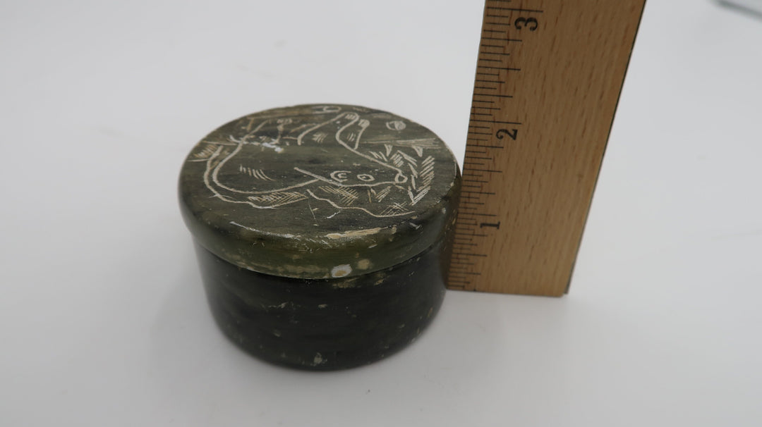 t495 Vintage Soapstone lidded Hand carved Bear Trinket Box