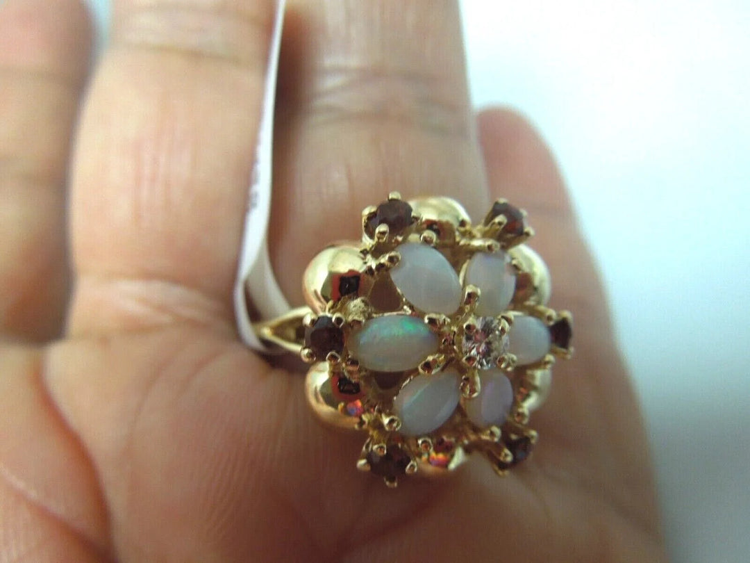 r173 14kt Yellow Gold Diamond Opal Garnet Tri Gemstone Ring Size 5(USA) 6.4g Signed