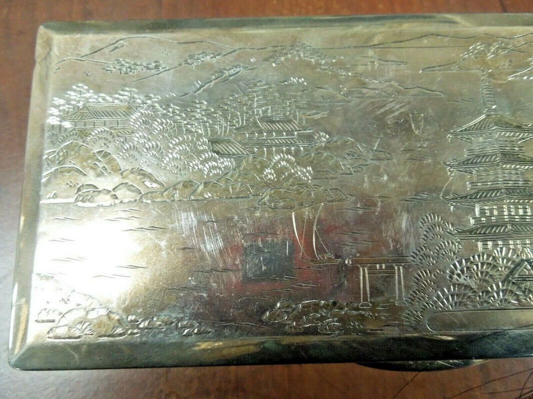 r137 Antique Sterling Silver 970 Trinket Box Etched Chinese Pagoda Signed