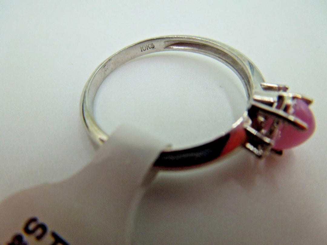 t243 10kt White Gold Pink Star Sapphire Diamond Chip Ring Size 6 1/2(US) Signed,10kt White Gold Ring