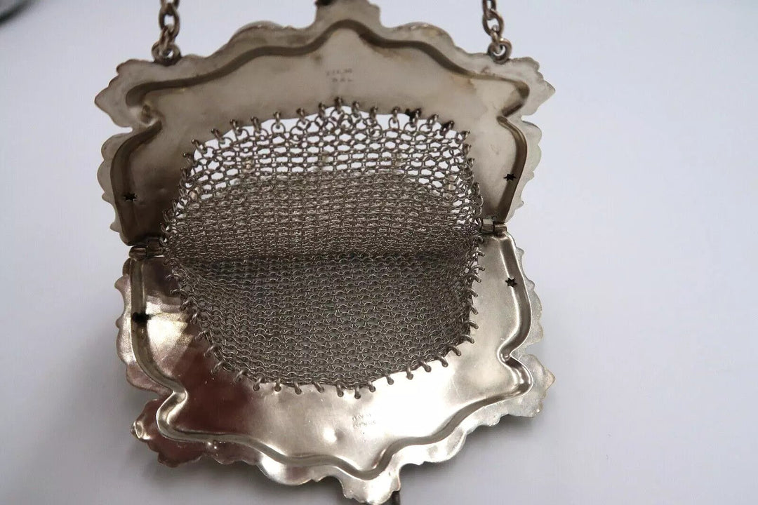 t328 Vintage Sterling Silver W&L Metal Handbag, Silver Chainmaille Handheld Wris