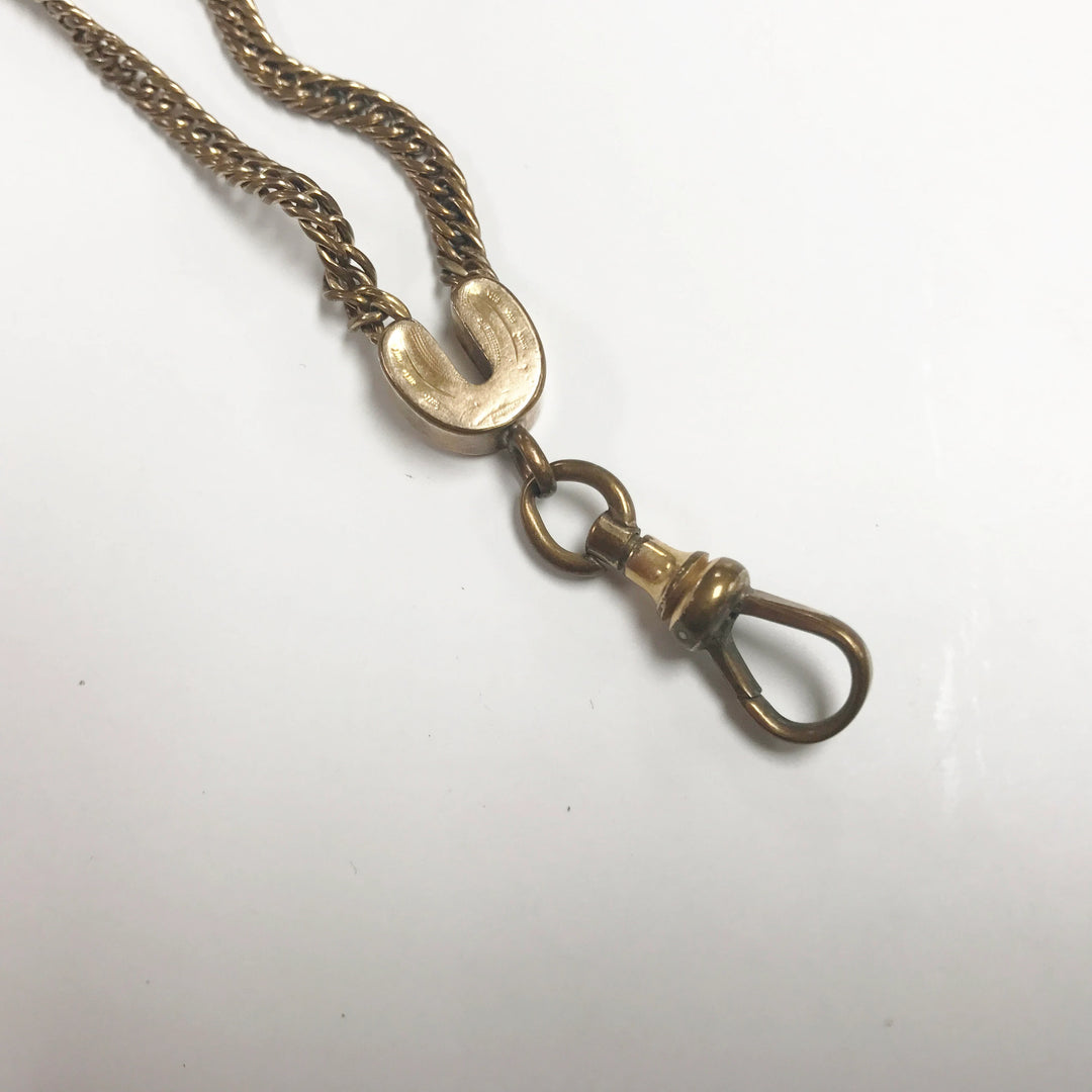 e505 Antique Gold Filled Vest Pocket Watch Chain Gold Tone Carved Pendant 13.5"