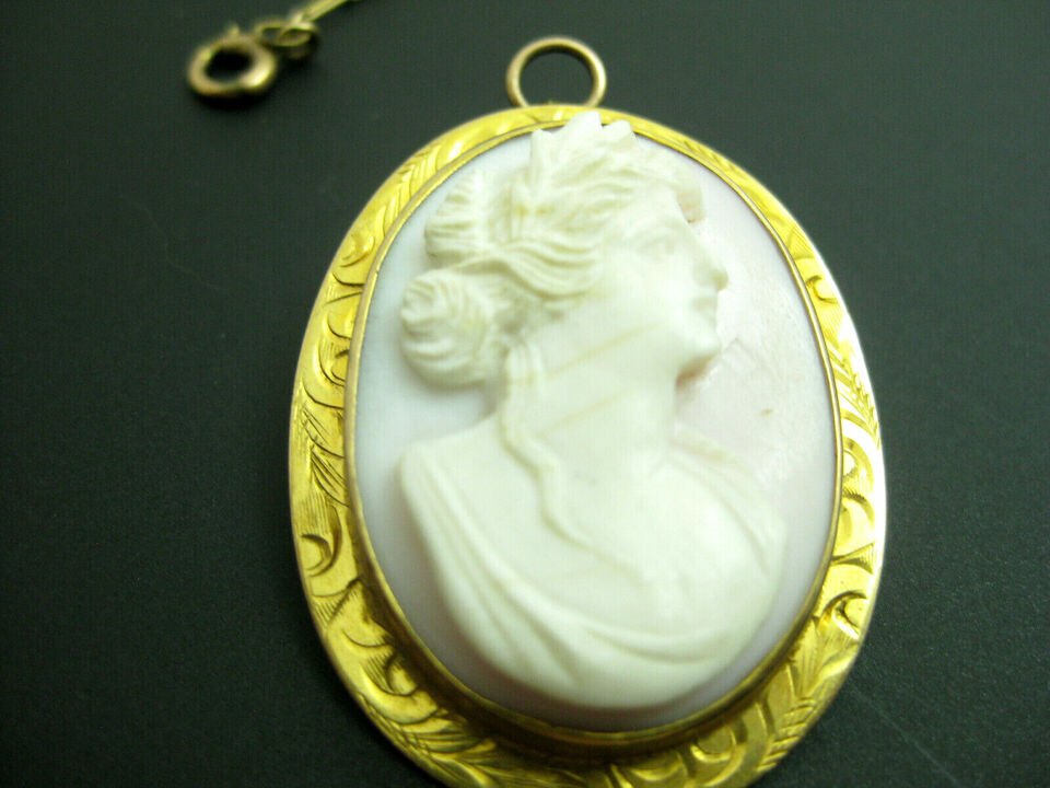 g269 Beautiful Vintage 10kt Yellow Gold Cameo Necklace/Pin on a Delicate Gold Chain