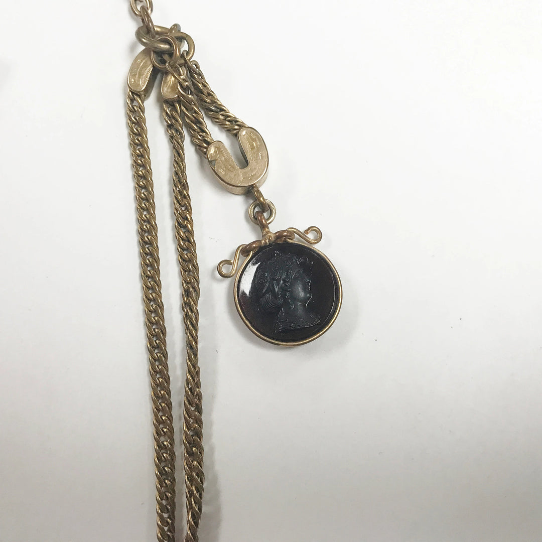 e505 Antique Gold Filled Vest Pocket Watch Chain Gold Tone Carved Pendant 13.5"