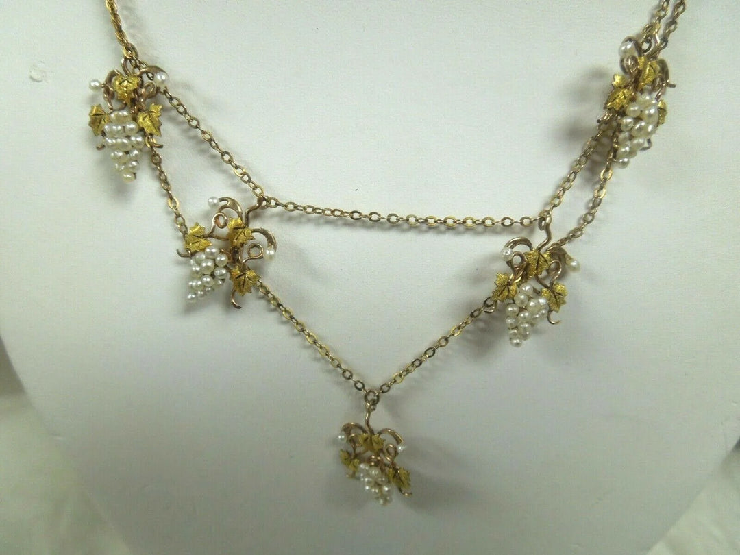 r123 Vintage Victorian Gold Filled Pretty Small 5 Grape Wine Pendant 14"