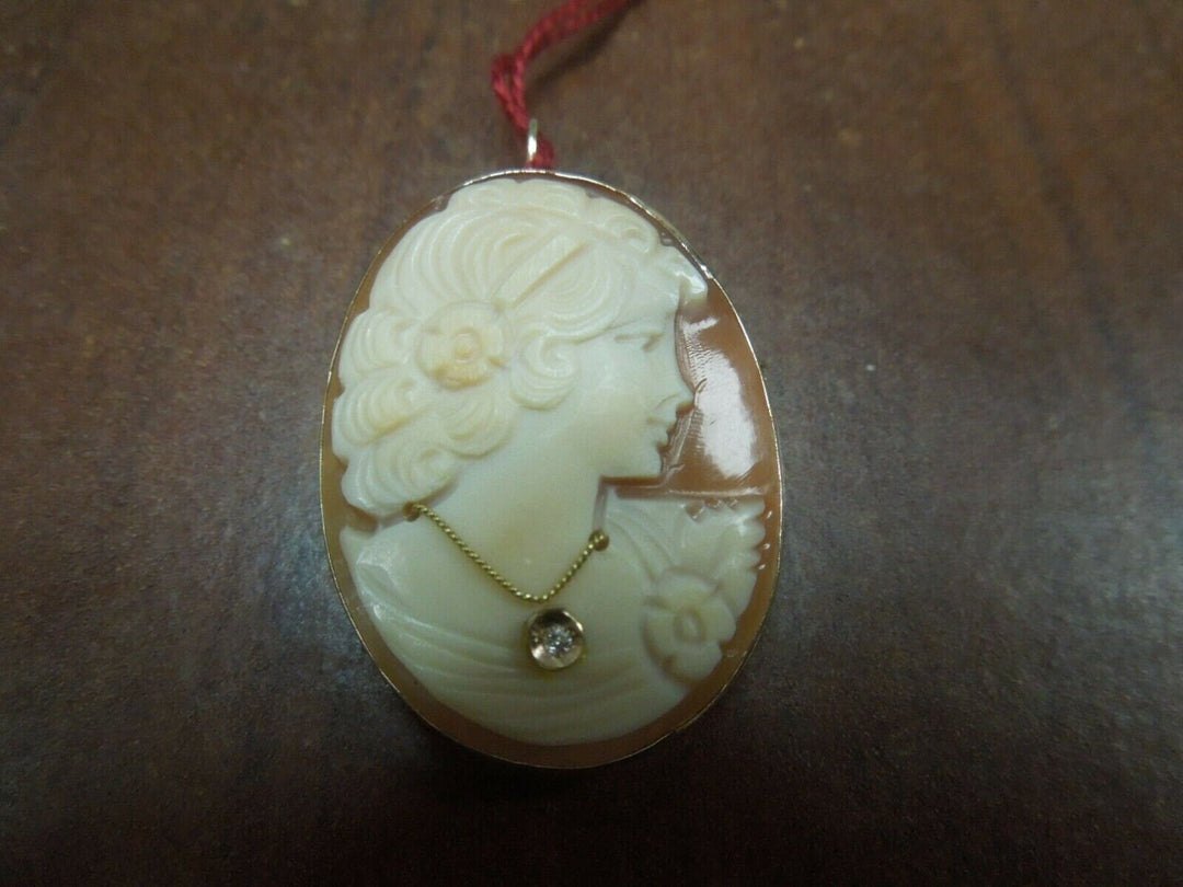 r114 14K Yellow Gold Diamond Necklace Cameo Pin/Pendant 35x24.51mm 3.9 Grams