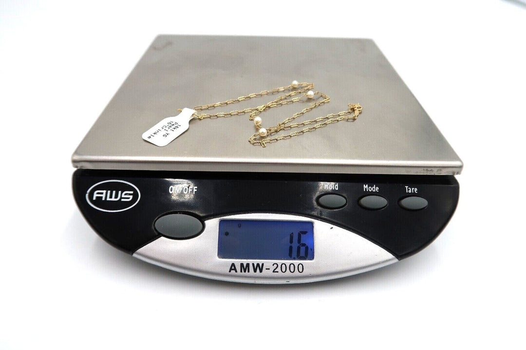 t338 14k Yellow Gold 16" Crinkle Pearl Chain, Minimal & Chic Tiny Freshwater Pearl Necklace.