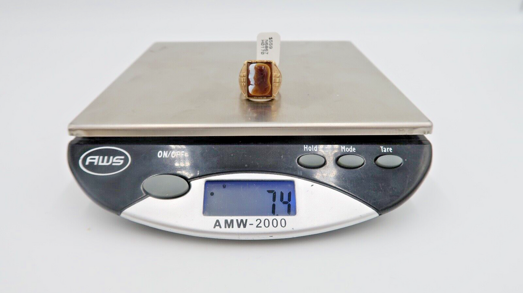 t509 Antique 10K Mens Cameo Ring w Roman Soldiers - Sz 9- Vintage Italian Jewelry