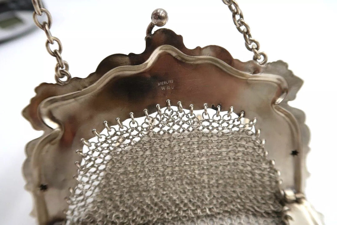 t328 Vintage Sterling Silver W&L Metal Handbag, Silver Chainmaille Handheld Wris