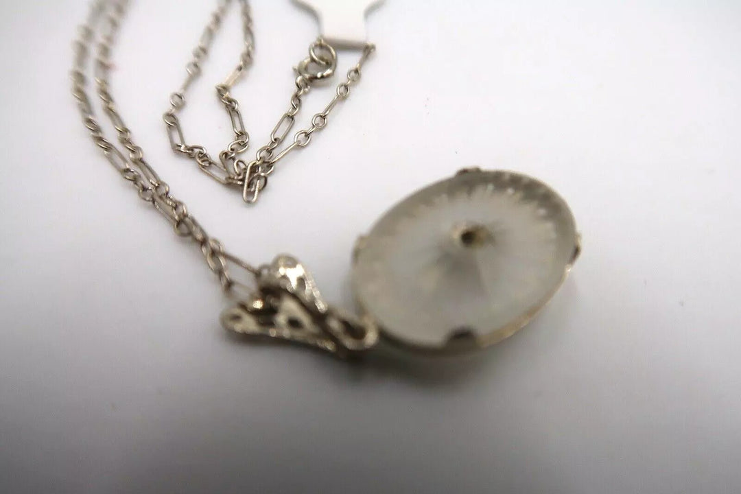 t383 Art Deco 14k White Gold Camphor Glass Diamond .01 TDW Filigree Necklace