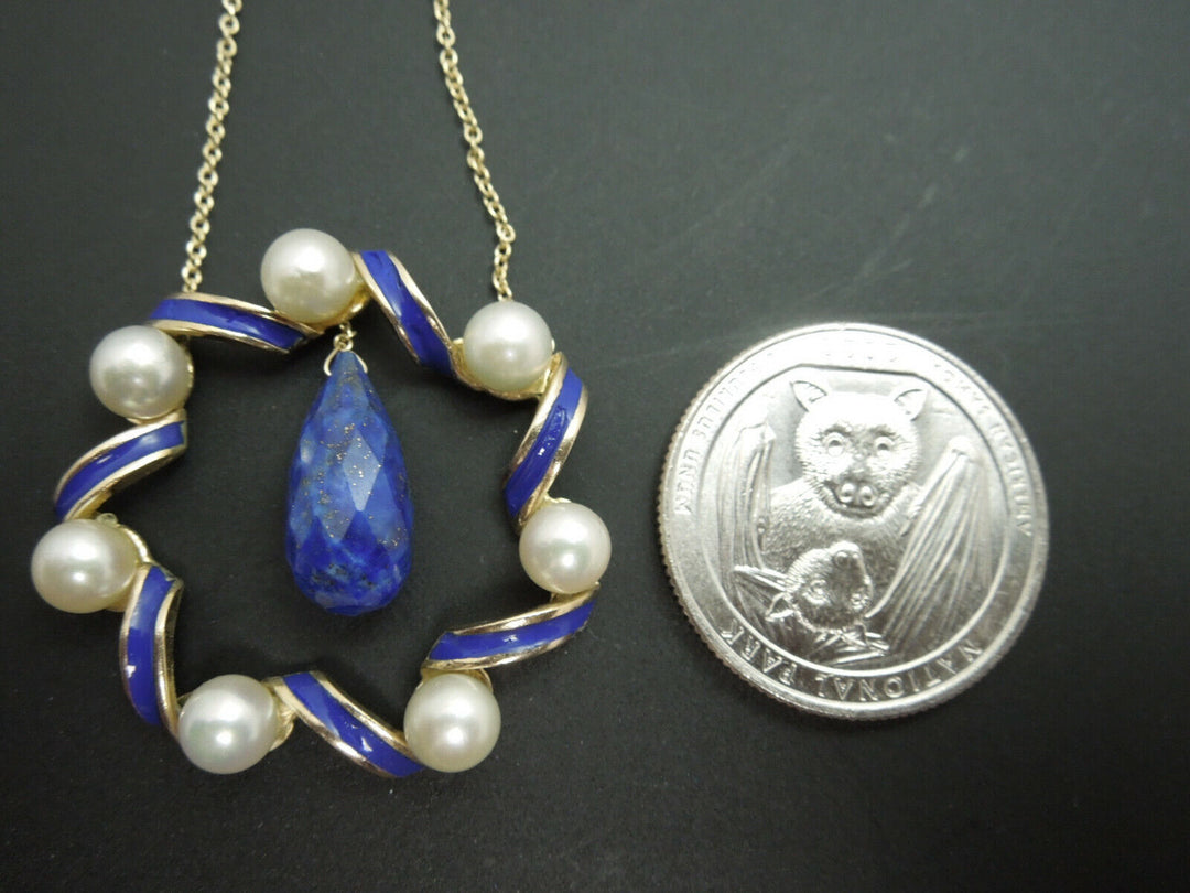 a1032 Lovely Vintage 14kt Yellow Gold Pearl and Enamel Piece on an 18kt Yellow Gold Necklace