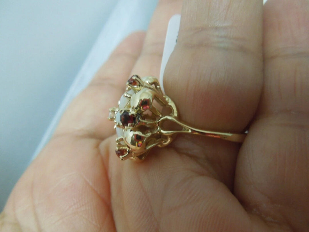 r173 14kt Yellow Gold Diamond Opal Garnet Tri Gemstone Ring Size 5(USA) 6.4g Signed