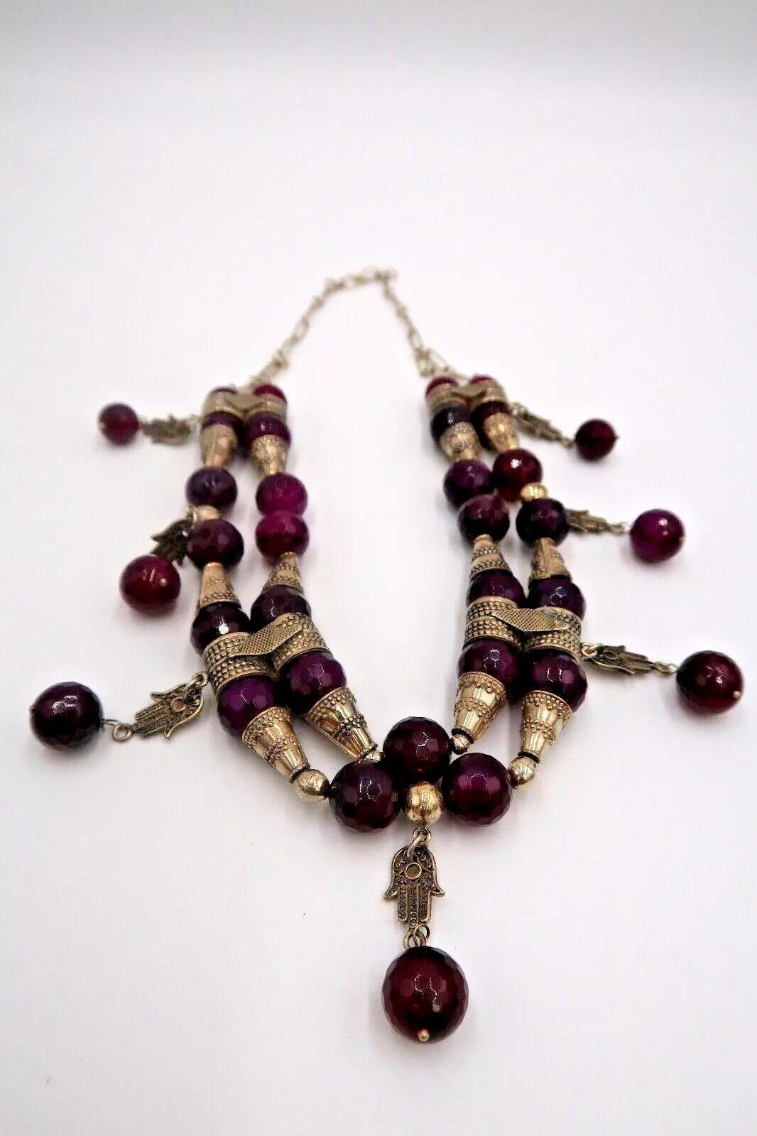 t321 Double Stranded Necklace of Faceted Amethyst Nuggets Sterling Silver Hamsa