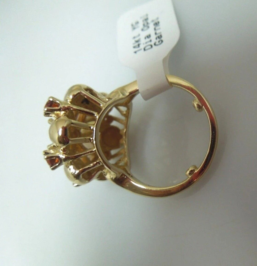 r173 14kt Yellow Gold Diamond Opal Garnet Tri Gemstone Ring Size 5(USA) 6.4g Signed