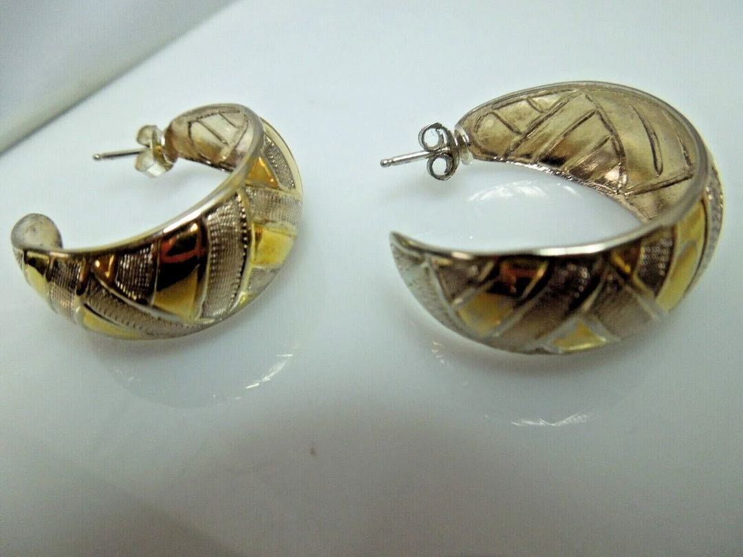 r159 Vintage Gold Tone Sterling Silver 925 Hoop Earrings Signed 7.6g