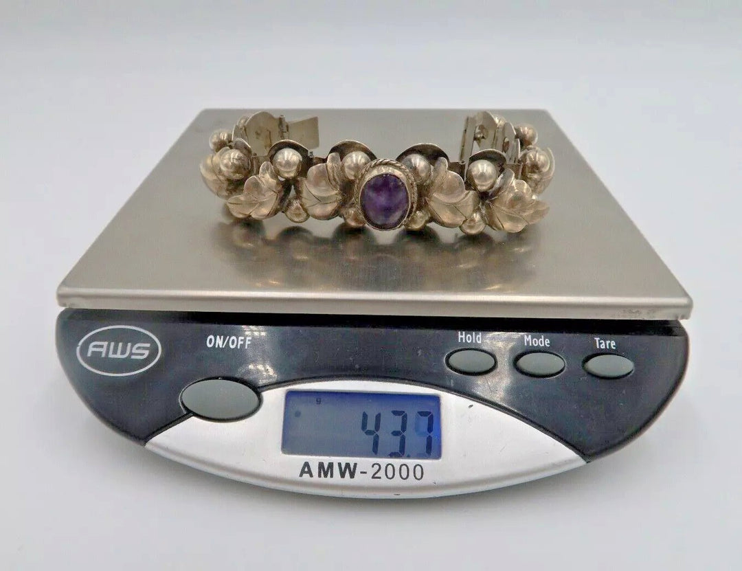 t418 Vintage Mexican Silver and Amethyst Link Bracelet and Earring