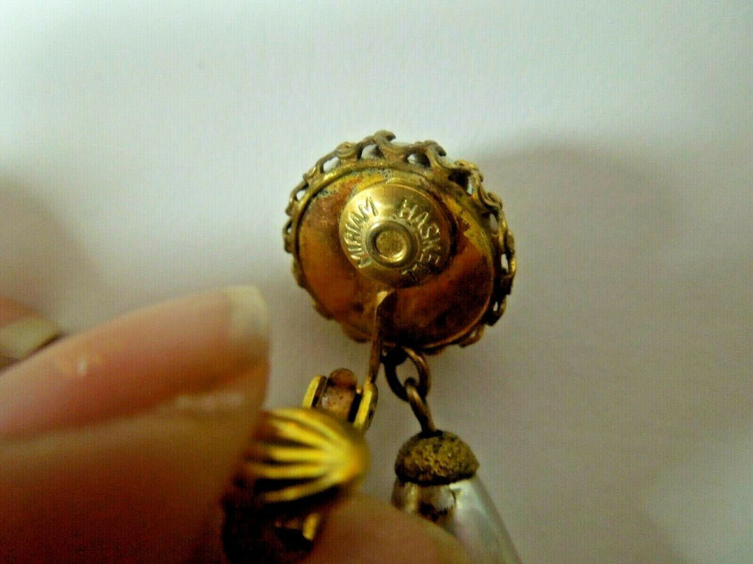 r096 Miriam Haskell Signed Long Dangle Pearl Clip back Earrings 40'S Vintage