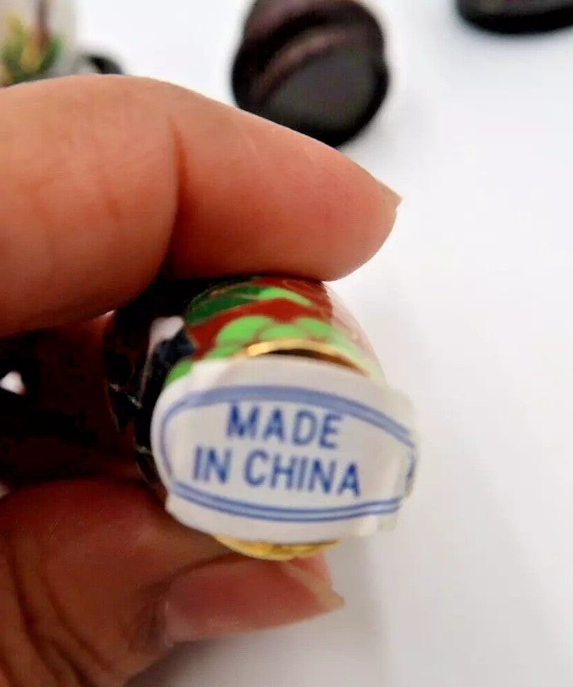 t374 Complete set 5 cloisonné vases with wooden support in Original box