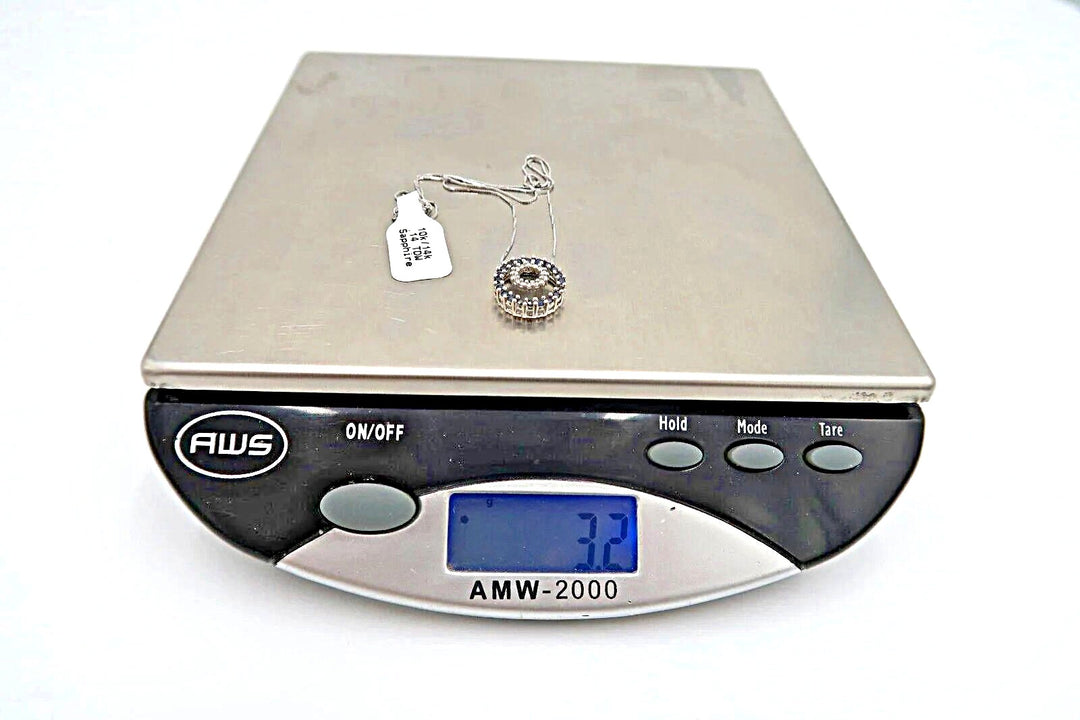 t259 14k & 10k White Gold Sapphire Round Pendant Necklace 3.2g/14k Sapphire Neck