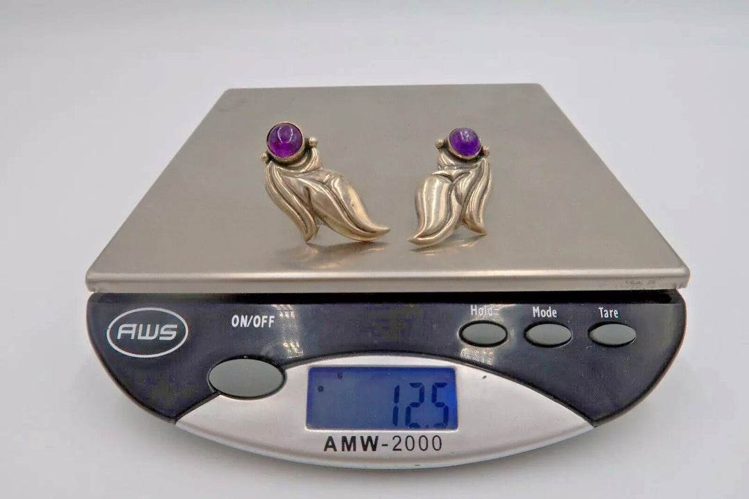 t418 Vintage Mexican Silver and Amethyst Link Bracelet and Earring