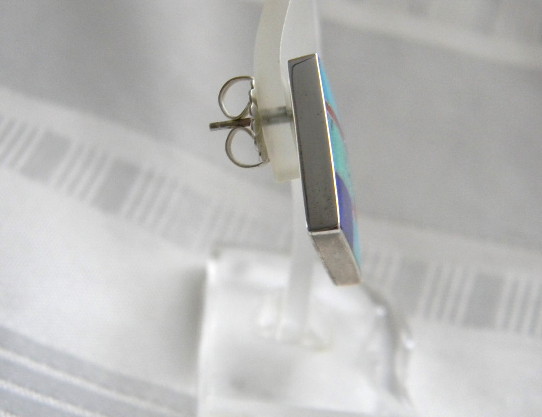 p389 Beautiful Square Sterling Silver Earrings with inset Turquoise and Lapis