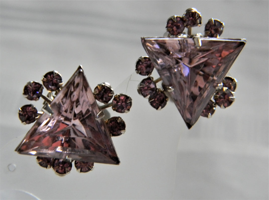 p396 Lovely Vintage Clip On Earrings with Large Triangle Lavender Stones