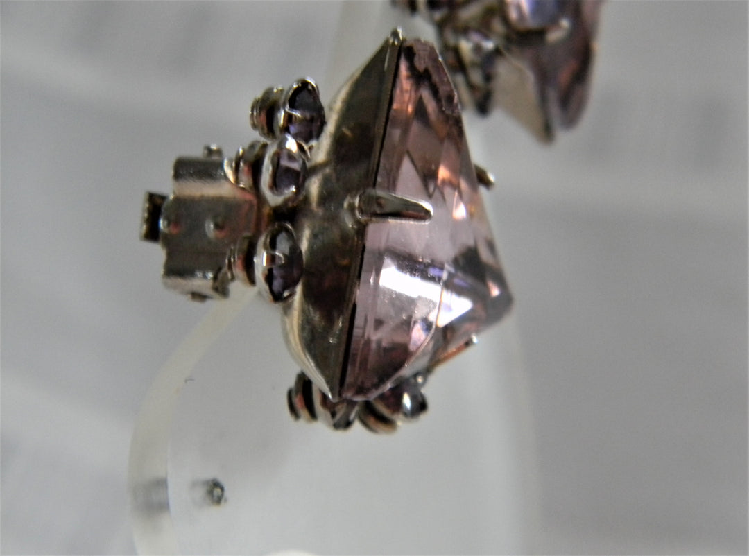 p396 Lovely Vintage Clip On Earrings with Large Triangle Lavender Stones