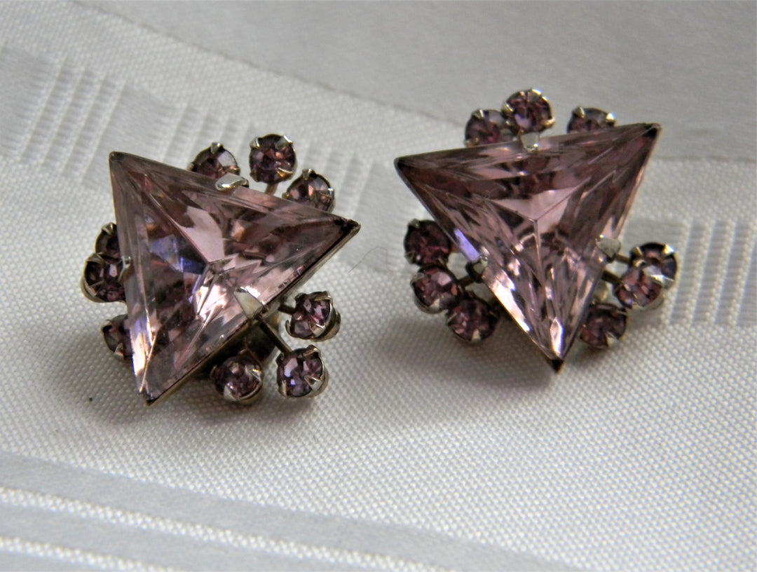 p396 Lovely Vintage Clip On Earrings with Large Triangle Lavender Stones