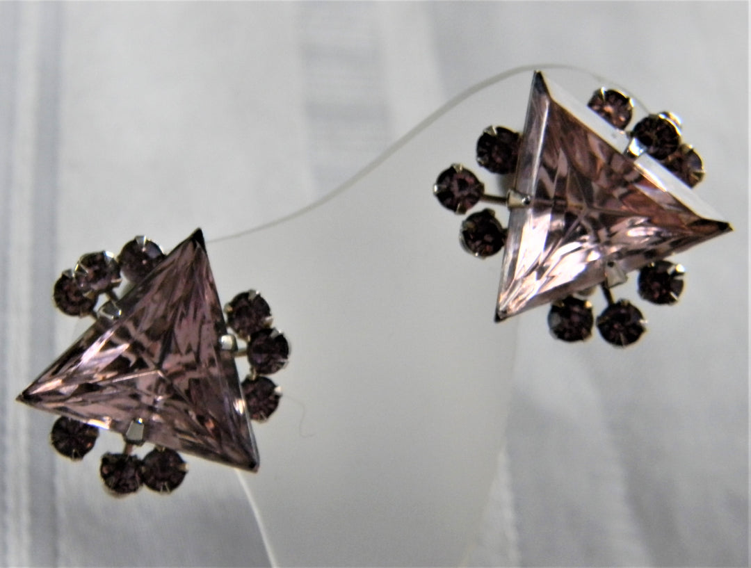 p396 Lovely Vintage Clip On Earrings with Large Triangle Lavender Stones