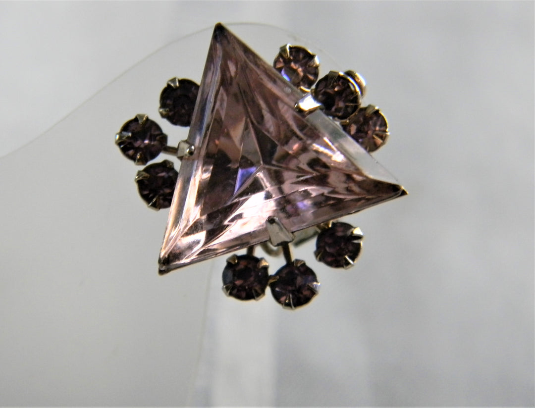 p396 Lovely Vintage Clip On Earrings with Large Triangle Lavender Stones