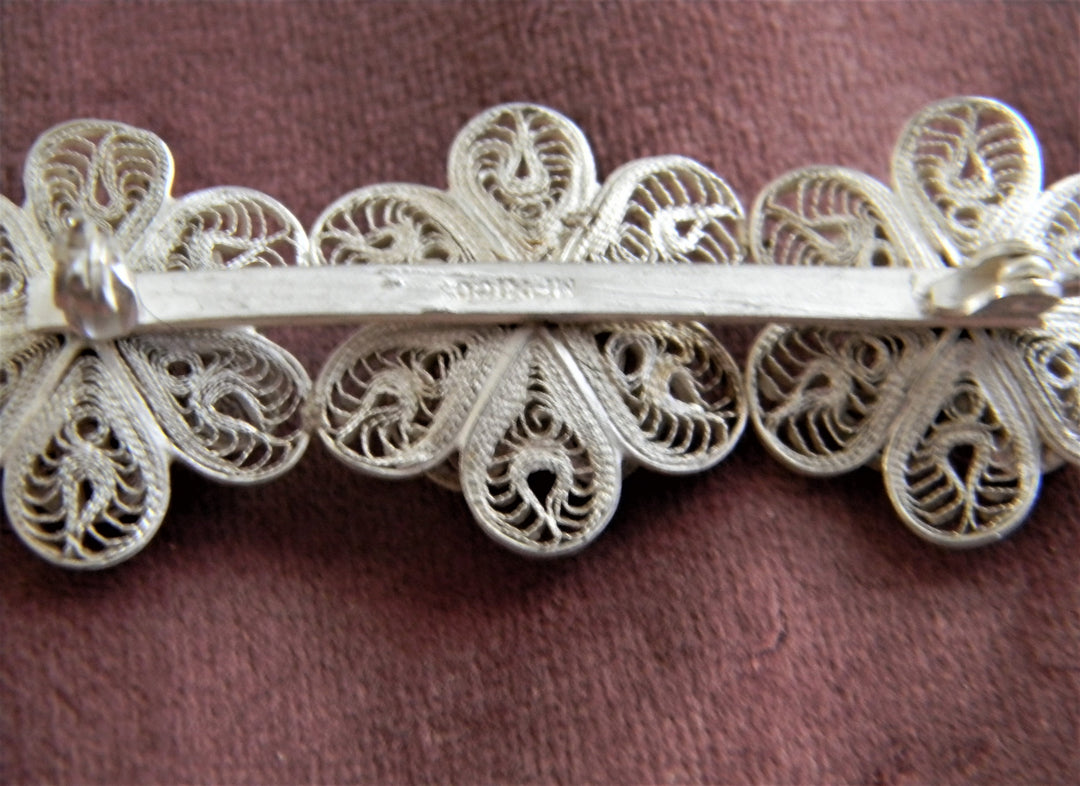 p397 Vintage Silver Filigree Trio of Flowers Brooch