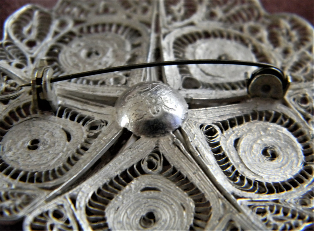 p398 Vintage Silver Filigree Large Flower Brooch