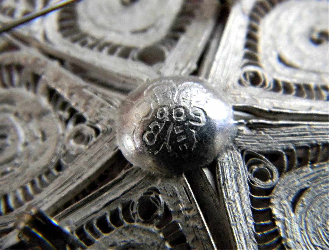p398 Vintage Silver Filigree Large Flower Brooch