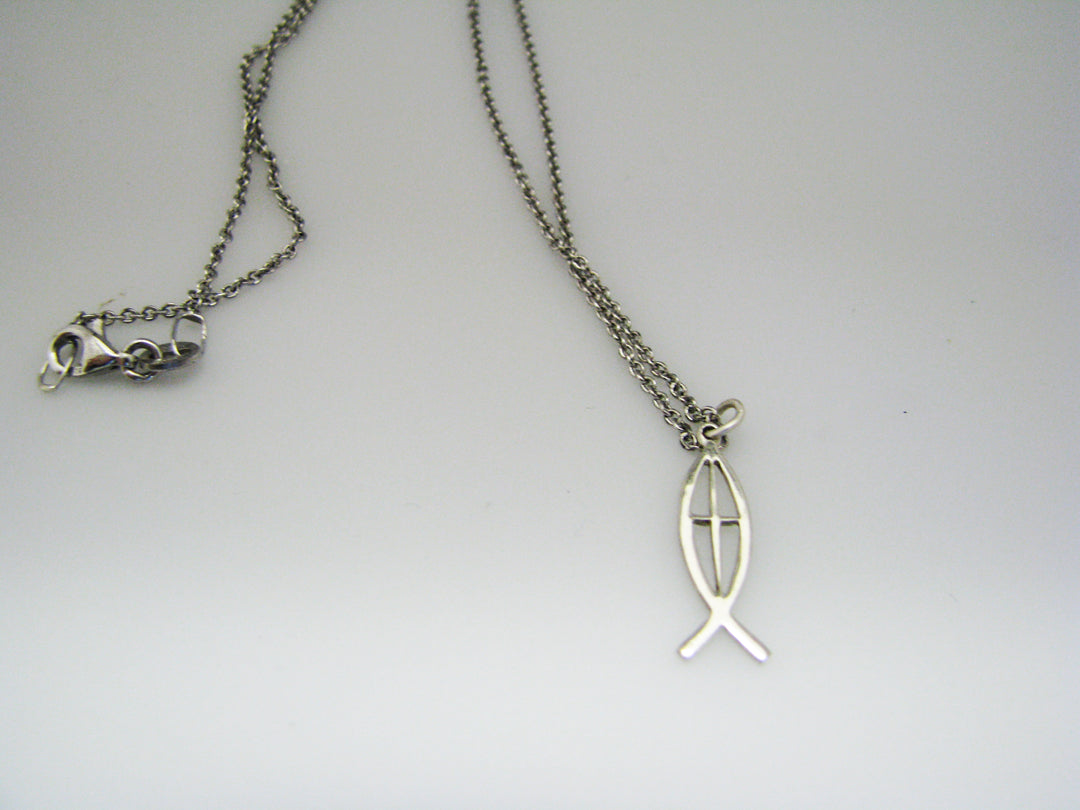 c778 16" Sterling curb chain with Fish and Cross Pendant