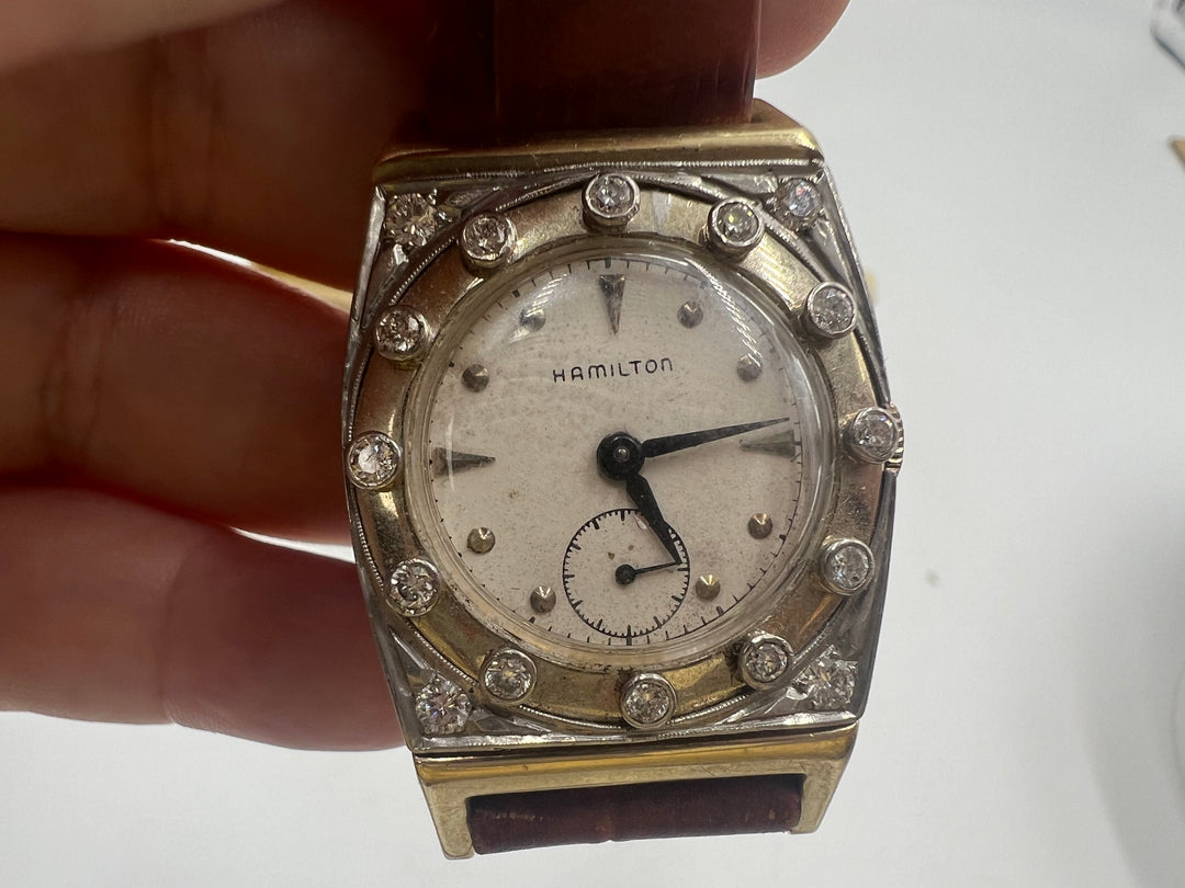 c392 Vintage Men's 14k Two Tone Hamilton Diamond Bezel Analog Watch