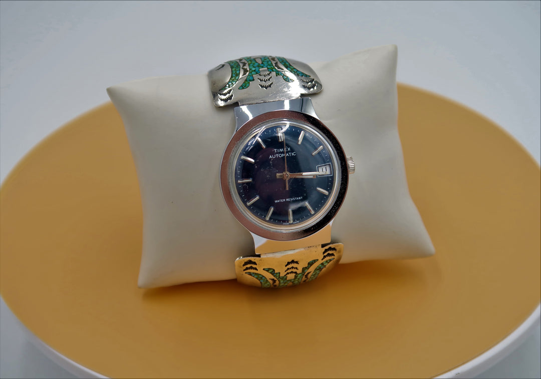 K428 Stunning Navajo Sterling Turquoise Watch Band with Automatic Timex Watch
