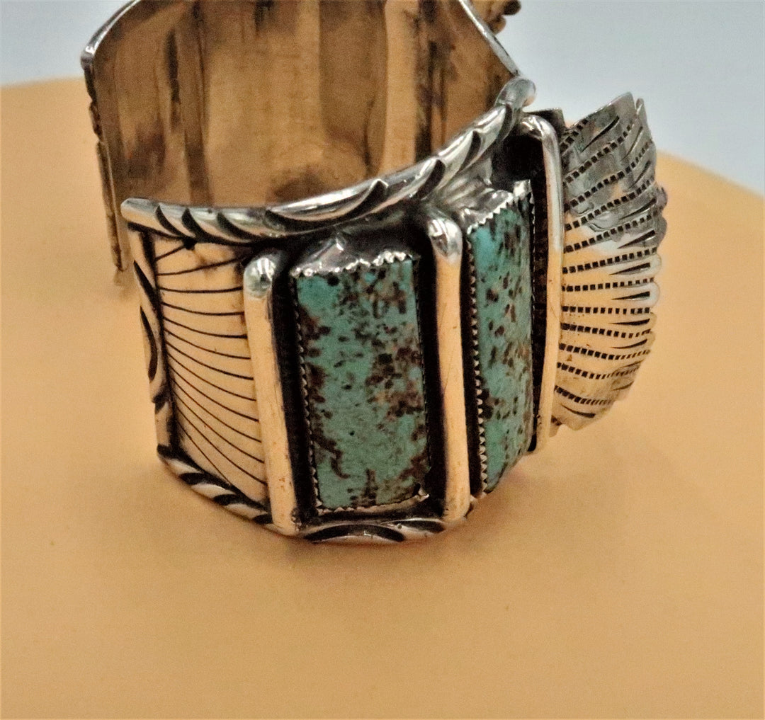 K429 Stunning and Unique Sterling and Turquoise Watch Cuff Band