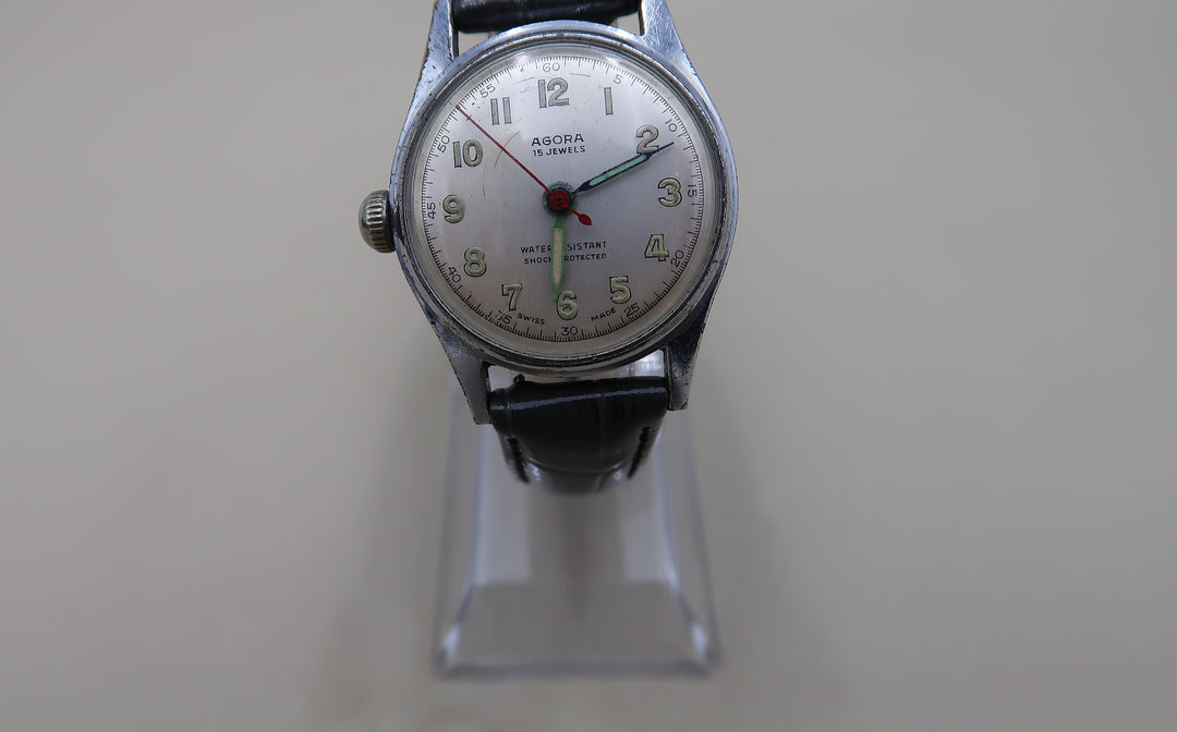 p472 Vintage Agora 1940's Left Handed Men's Wrist Watch in Silver Tone