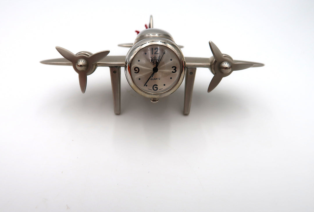p491 Nice Silver Tone Airplane Miniature Quartz Clock