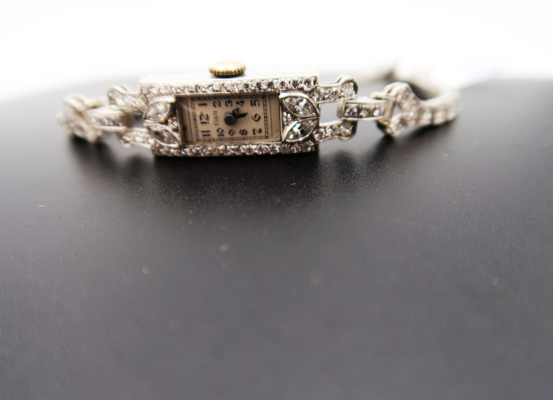 p497 Vintage 1930's Elgin Ladies Swiss Platinum Diamond watch