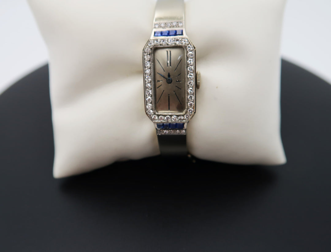 p498 Vintage Ladies 18k White Gold Diamond/ Sapphire Bangle watch