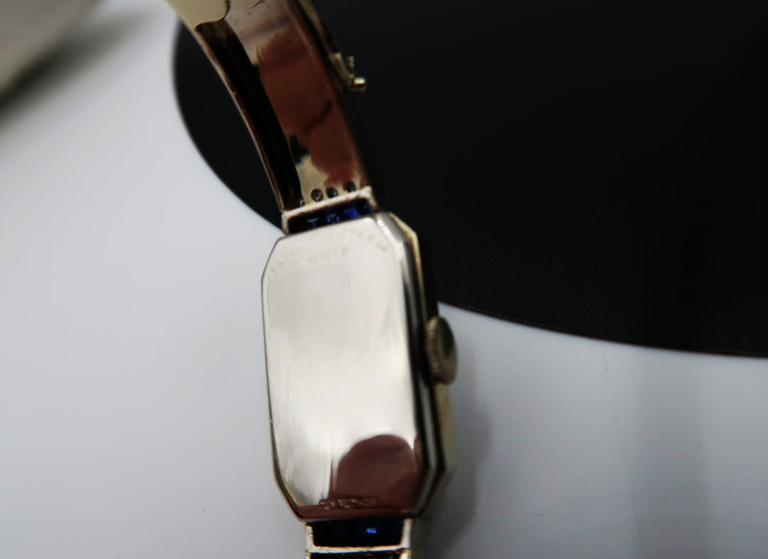 p498 Vintage Ladies 18k White Gold Diamond/ Sapphire Bangle watch