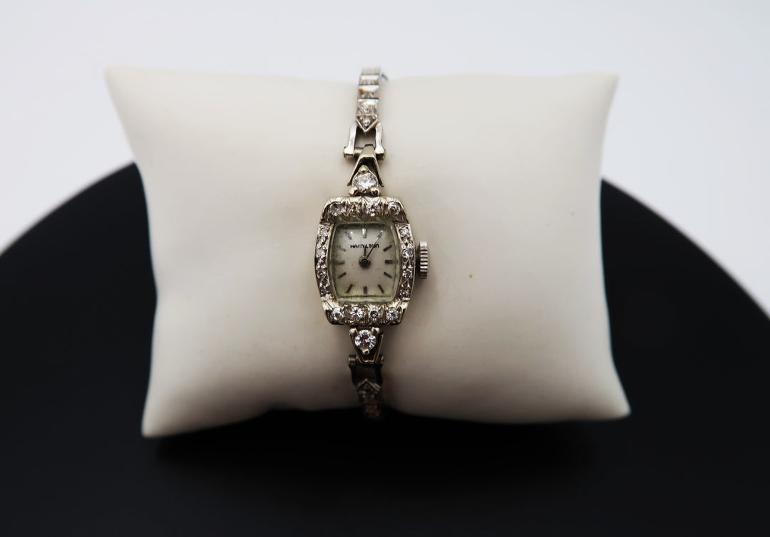 p499 Vintage Ladies Hamilton 14k White Gold Diamond Wristwatch