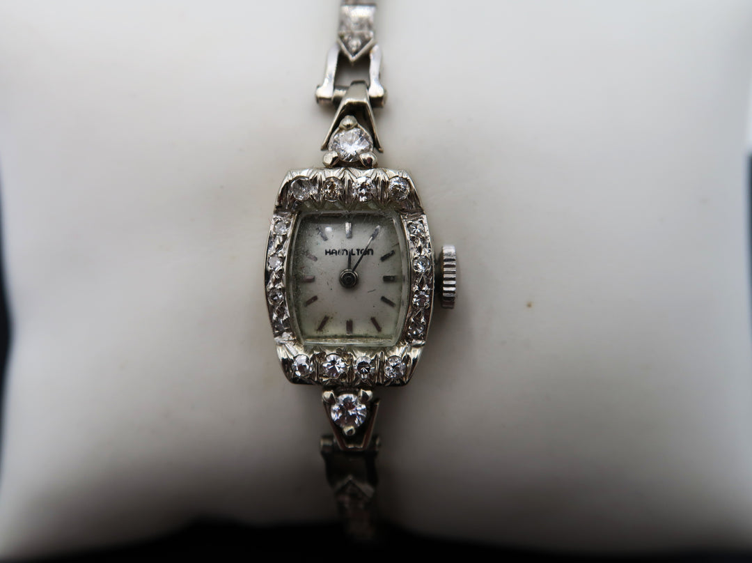 p499 Vintage Ladies Hamilton 14k White Gold Diamond Wristwatch